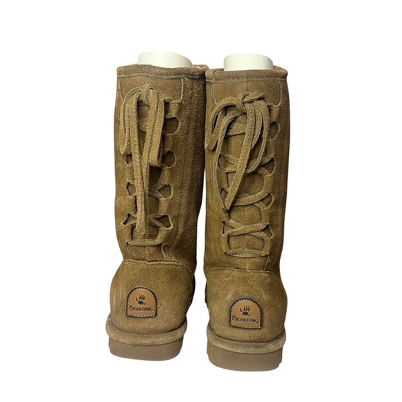 BEARPAW Tan Boots Mid Calf Boots Hickory Leather size 8 Women Boots Tied Back - Picture 1 of 6